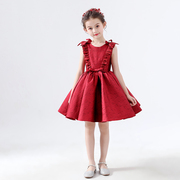 儿童晚礼服女童生日公主裙小女孩主持人礼服短款酒红色连衣裙韩版