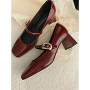红色高跟鞋春季真皮方头粗跟玛丽珍显瘦配裙子法式气质单鞋女