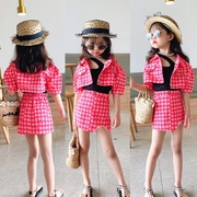 女童时尚套装夏季韩版洋气，粉色包臀裙两件套牛仔，短款小外套潮
