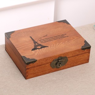 木盒子复古带锁收纳盒实木质桌面收纳盒杂物小箱子木箱子证件盒子