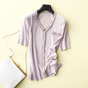 樱色紫粉小香流苏领边设计针织衫显瘦不粘身，银丝短袖罩衫女春夏