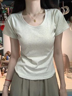 设计感小众正肩纯棉u领短袖t恤女夏辣妹(夏辣妹)短款高腰修身显瘦百搭上衣