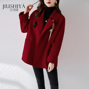 玖诗娅新小香风毛呢小个子红色，双面零羊绒，大衣女短款韩版呢子外套