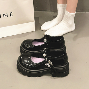 深霖黑色精致蝴蝶玛丽珍鞋女2024年学院风，增高小个子小皮鞋