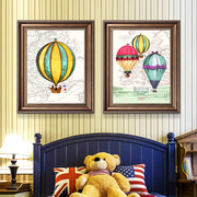 现代简约儿童房卧室装饰画 美式床头双联墙画卡通热气球挂画壁画