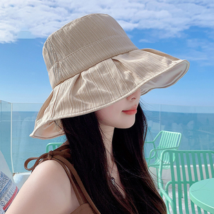 2023渔夫帽女遮脸防晒帽子夏季海边黑胶防紫外线遮阳太阳帽子