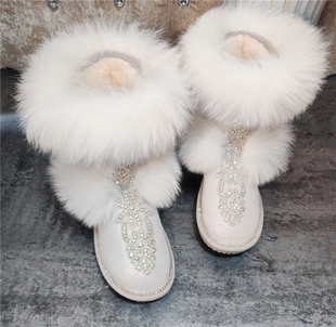 秋冬季手工女鞋带钻白色加厚超大狐狸毛雪地(毛，雪地)靴子女中筒大码棉鞋