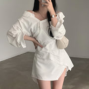 韩国chic法式别致设计感气质露肩收腰褶皱，不规则衬衫连衣裙