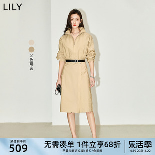 lily2024夏女装(夏女装，)时尚都市通勤款纯色，显瘦长款高腰风衣式连衣裙