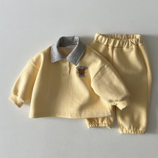 韩版秋冬婴幼童装时尚，休闲小熊加厚套装宝宝翻领，卫衣束脚裤两件套