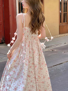 2024夏季小众设计感粉色碎花吊带连衣裙女公主法式初恋风长裙