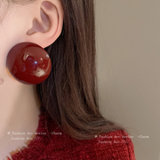 红色夸张圆形大耳环，小众设计感复古耳钉2024欧美风耳饰女