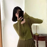 韩国chic春款复古小心机方领软糯短款针织开衫女减龄长袖毛衣外套