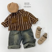 儿童条纹衬衫2023秋季男童长袖条绒个性衬衣打底复古韩版上衣