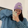 韩国秋冬高密度冷帽糖果色贴布标，毛线帽女保暖护耳，香芋紫针织帽潮