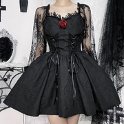 万圣节服装Lolita蔷薇公主裙复古黑色蕾丝连衣裙女绑带显瘦蓬蓬裙