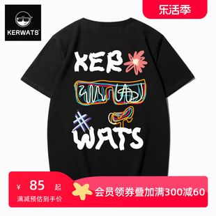 kerwats欧美潮牌英文字母印花加肥加大t恤莱卡棉男女同款黑色短袖