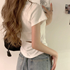 韩版白色圆领插肩短袖t恤女夏季别致双侧褶皱镂空露背上衣短