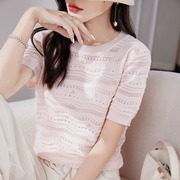 23夏季薄款镂空纯色套头针织衫，女士韩版圆领，宽松显瘦短袖体恤上衣