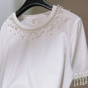韩国夏季手工设计珍珠领钉珠流苏袖子宽松百搭纯棉t恤女 白色