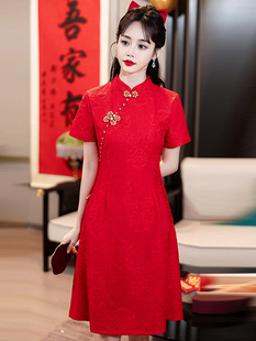 新中式红色新娘订婚敬酒服复古盘扣短袖旗袍裙日常可穿高端礼服裙
