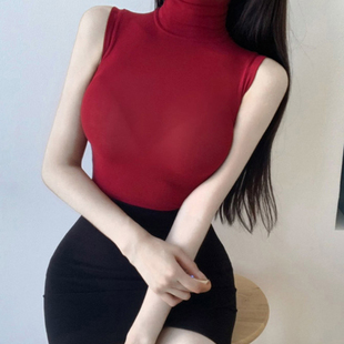 韩国东大门女装2021夏季性感，女人酒红色，高领薄款微透无袖t恤