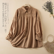 外贸日本撤柜捡漏复古风琴，褶棉麻衬衫，女宽松显瘦纯色长袖衬衣