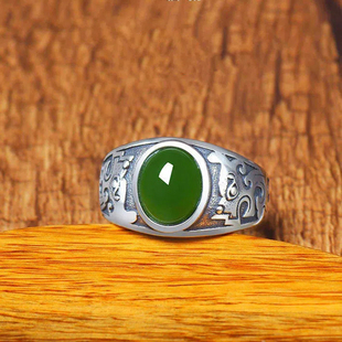 天然和田玉碧玉男女同款S925银指环复古时尚气质绿宝石戒指活口