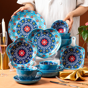 波西米亚陶瓷碗盘餐具家用复古饭碗高颜值双耳碗汤碗面碗菜盘