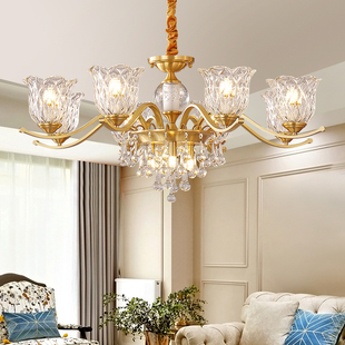 美式客厅吊灯水晶灯复古全铜卧室餐厅灯欧式轻奢法式高端别墅铜灯