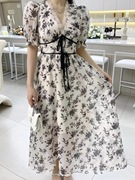 韩国ulzzang夏季法式气质时尚，v领系带高腰，水墨玻璃纱连衣裙女