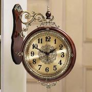 欧式双面客厅挂钟静音两面，时钟实木复古石英，钟表墙壁钟表时尚创v