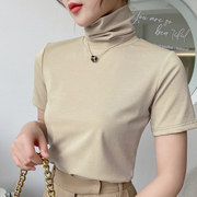 精梳新疆棉夏装设计感小众紧身T恤高领短袖女气质洋气堆堆领欧货