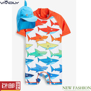 NEXT男童连体防晒泳衣+防晒帽 2022夏款鲨鱼儿童沙滩防晒套装