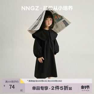 NNGZ女童春季连衣裙黑色大翻领设计感长袖早春装气质小众儿童裙子