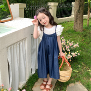 艾摩贝贝女童宝宝韩版洋气白色衬衫，+薄款牛仔吊带连衣裙夏季套装