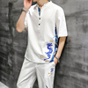 夏季男士短袖t恤两件套中国风冰丝套装宽松一套搭配帅气男装唐装