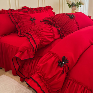 超仙褶皱荷叶花边蕾丝网纱四件套公主婚庆大红床单床裙蝴蝶结被套