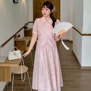 大码胖mm夏装套装气质连衣裙伴娘服新中式国风茶服时尚两件套裙子