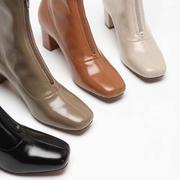 欧美复古风短靴女方头，粗高跟短筒牛皮黑色，瘦瘦靴子薄款单靴秋