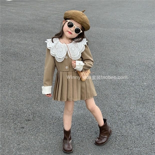 韩国版2023秋季女童百褶连衣裙小女孩时髦洋气娃娃领长袖公主裙子