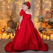 红色女童公主裙高端礼服生日，单肩小提琴钢琴儿童主持连衣裙小女孩