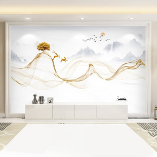 8d电视背景墙壁纸新中式，客厅装饰抽象线条，意境山水影视墙布壁画