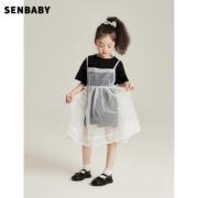 senbaby童装女童两件套连衣裙儿童黑色，长款t裙，+吊带罩衫网纱裙