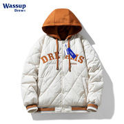 WASSUP2023冬季假两件连帽羽绒服男青少年学生冬装白鸭绒外套