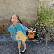 韩范童装夏装女童卡通，异形衬衫短袖蓝色上衣宝宝，纯棉娃娃衫2023年