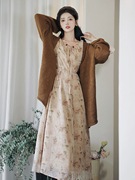早春女装新中式复古长袖，雪纺连衣裙配慵懒风，毛衣外套开衫两件套