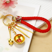 韩国创意可爱三件套筷子，发财碗勺子钥匙扣，女包挂件简约钥匙链饰品