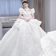 冰雪蓝公主婚纱2024新娘重工，奢华拖尾高级感宫廷风泡泡袖春季