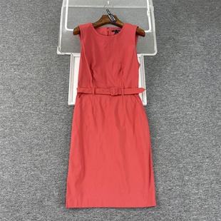 外贸单 夏秋季简洁欧美修身大码系带橘红色连衣裙